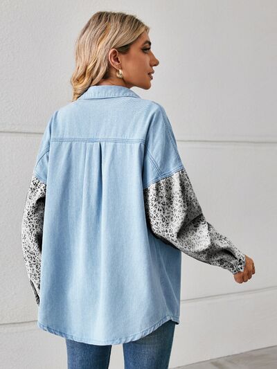 Leopard Button Up Denim Jacket BLUE ZONE PLANET