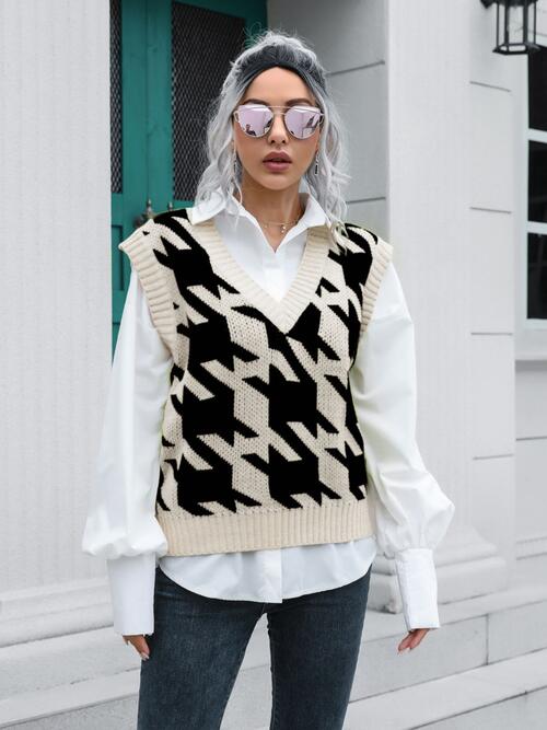 Houndstooth V-Neck Sweater Vest BLUE ZONE PLANET