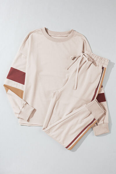 Blue Zone Planet | Striped Round Neck Sweatshirt and Drawstring Joggers Set BLUE ZONE PLANET