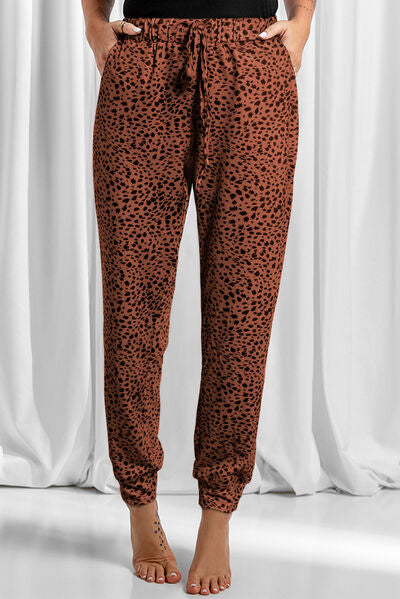 Blue Zone Planet | Full Size Leopard Drawstring Pocketed Pants BLUE ZONE PLANET