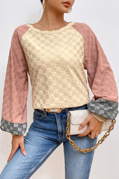 Blue Zone Planet | Checkered Contrast Round Neck Long Sleeve T-Shirt BLUE ZONE PLANET