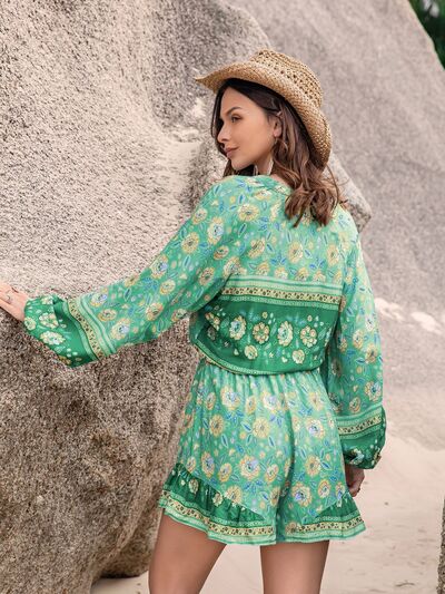 Blue Zone Planet | Printed Ruffled Balloon Sleeve Romper BLUE ZONE PLANET