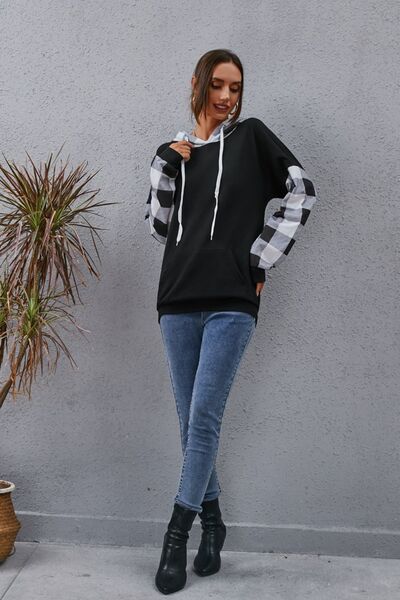 Plaid Drawstring Dropped Shoulder Hoodie BLUE ZONE PLANET