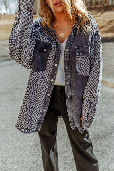 Plaid Snap Down Raw Hem Drawstring Hooded Jacket BLUE ZONE PLANET