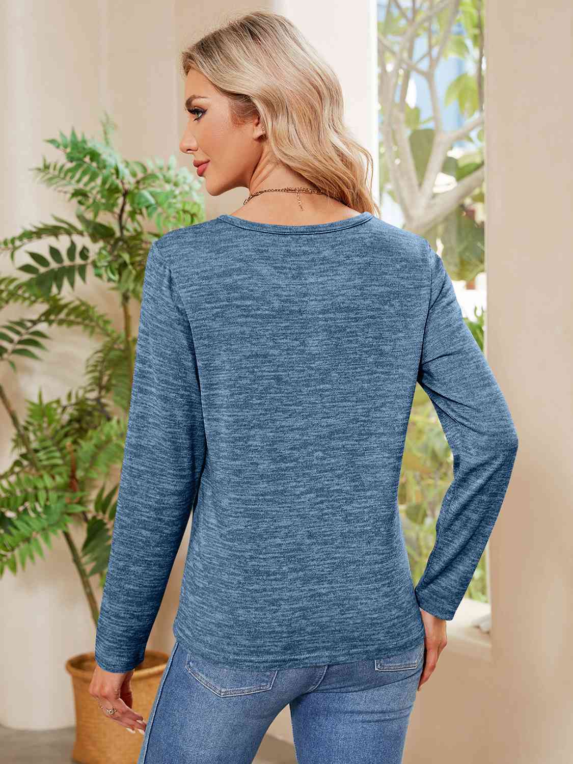 Buttoned Round Neck Long Sleeve T-Shirt BLUE ZONE PLANET