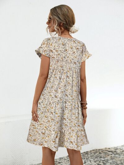 Blue Zone Planet |  Frill Floral Round Neck Short Sleeve Tiered Dress BLUE ZONE PLANET