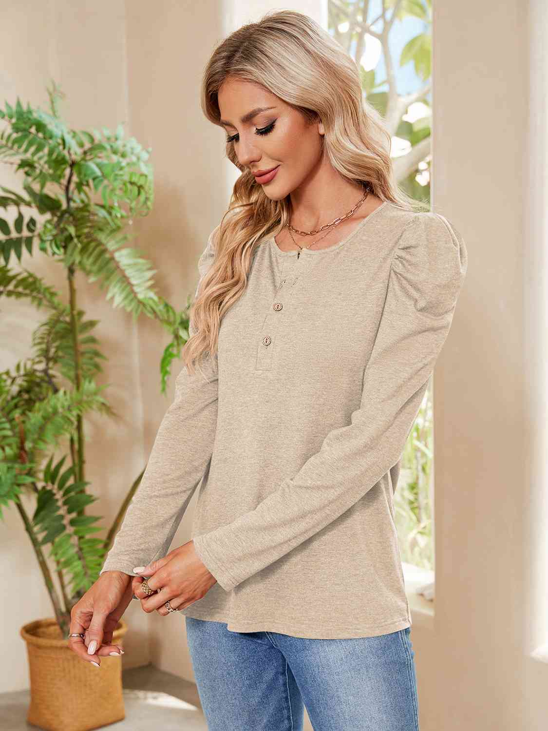 Buttoned Round Neck Puff Sleeve T-Shirt BLUE ZONE PLANET