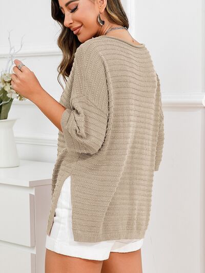 Blue Zone Planet | Rolled Round Neck Dropped Shoulder Slit Sweater BLUE ZONE PLANET