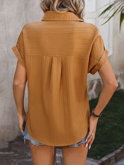 Textured Button Up Cap Sleeve Shirt Trendsi