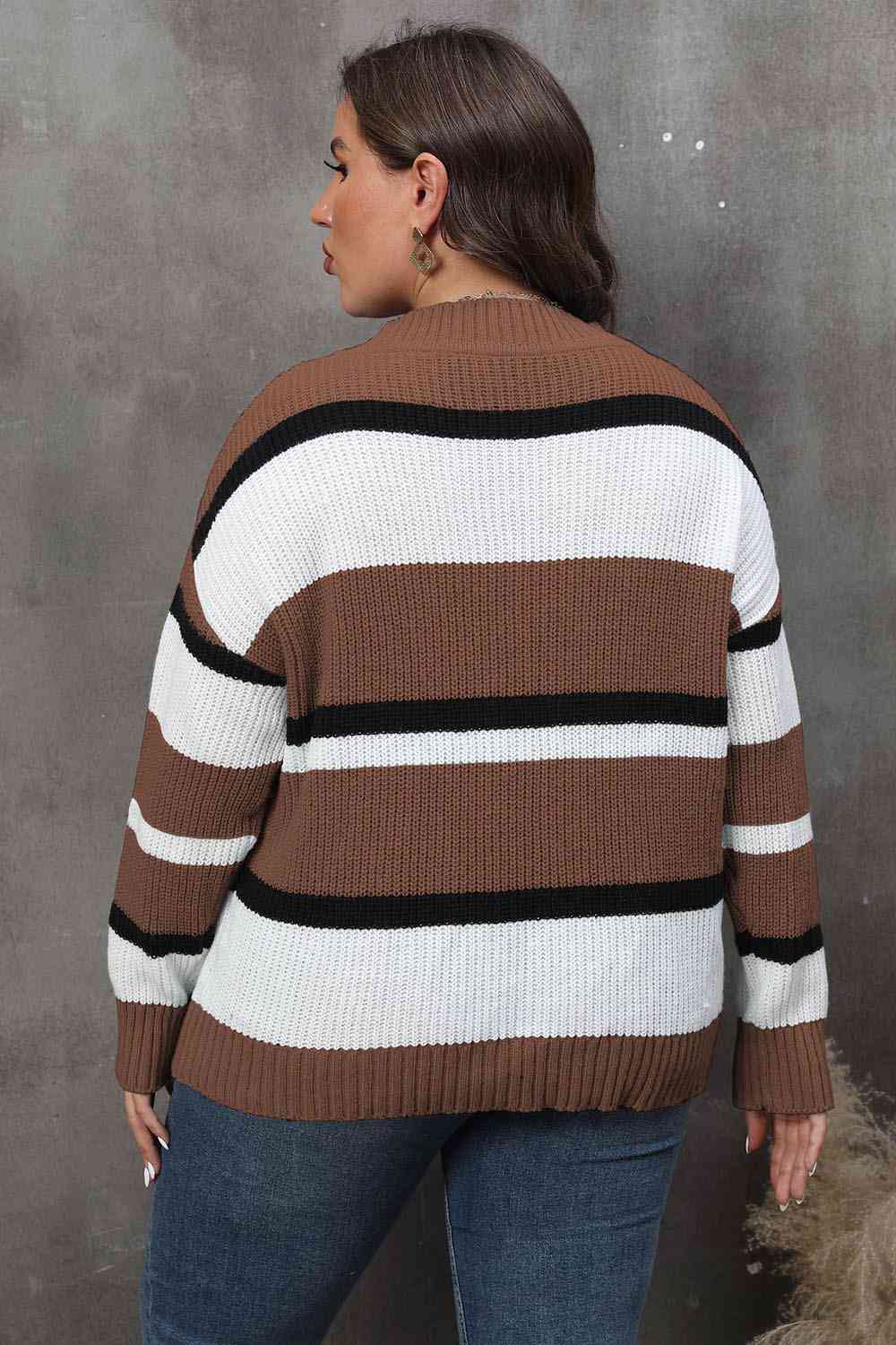 Plus Size Striped V-Neck Dropped Shoulder Sweater BLUE ZONE PLANET
