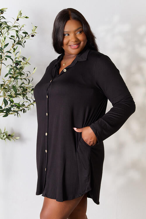 Celeste Full Size Button Down Shirt Dress BLUE ZONE PLANET