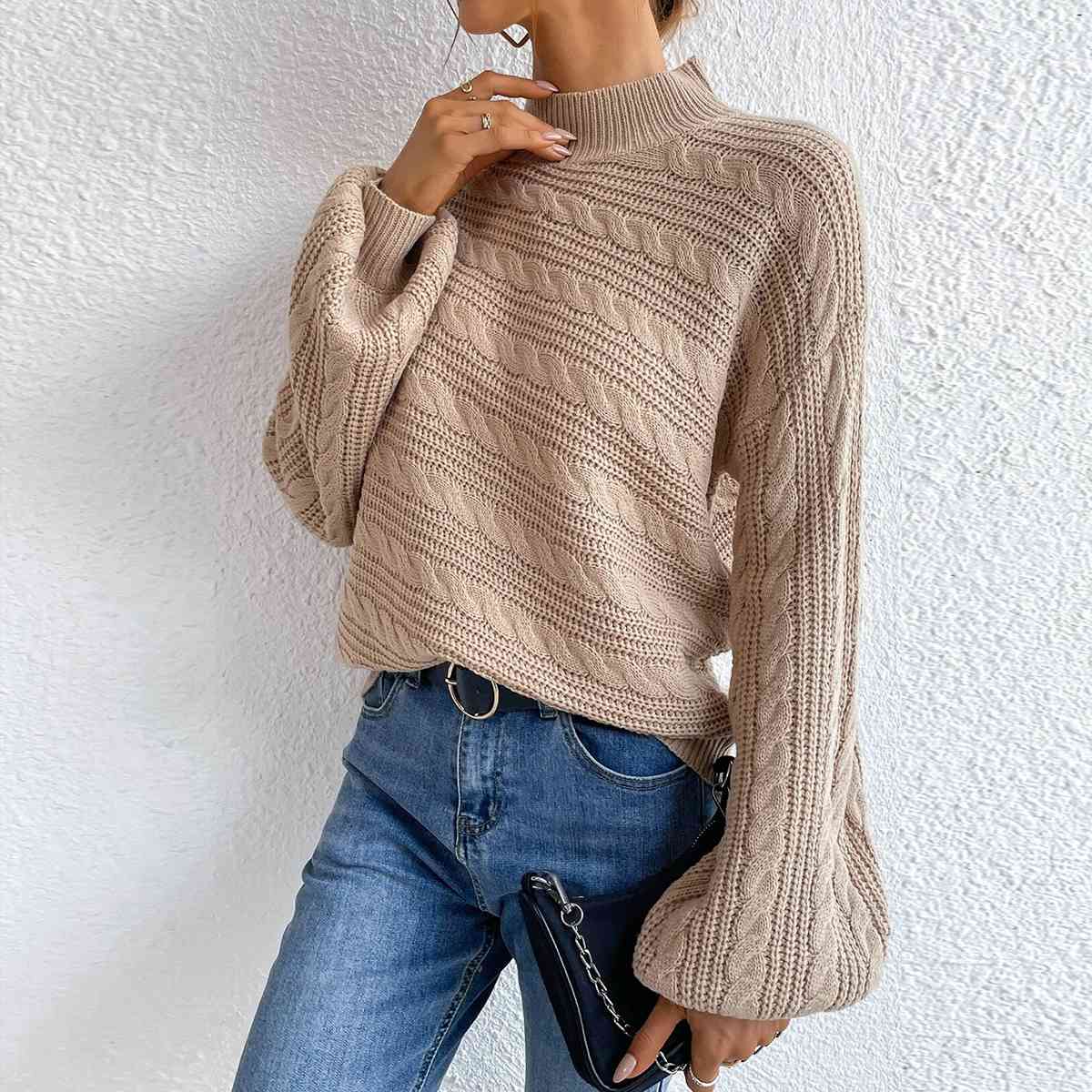 Cable-Knit Mock Neck Long Sleeve Sweater BLUE ZONE PLANET