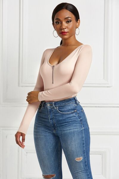 Blue Zone Planet | Half Zip Scoop Neck Long Sleeve Bodysuit BLUE ZONE PLANET