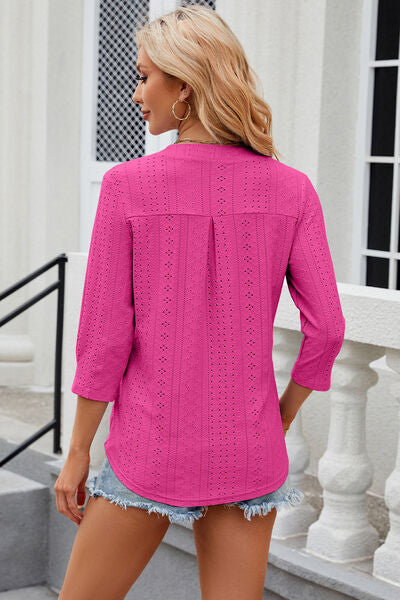 Blue Zone Planet | Eyelet Notched Knit Jacquard Top BLUE ZONE PLANET
