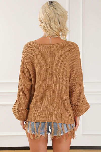 Blue Zone Planet | Fringe V-Neck Long Sleeve Sweater BLUE ZONE PLANET