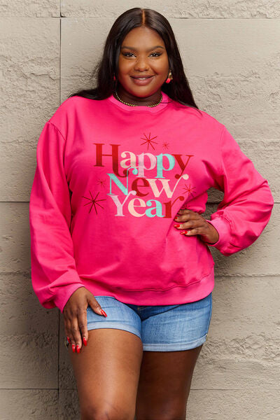 Simply Love Full Size HAPPY NEW YEAR Round Neck Sweatshirt BLUE ZONE PLANET
