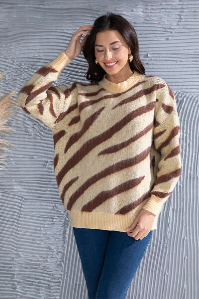 Blue Zone Planet | Animal Element Round Neck Dropped Shoulder Sweater BLUE ZONE PLANET