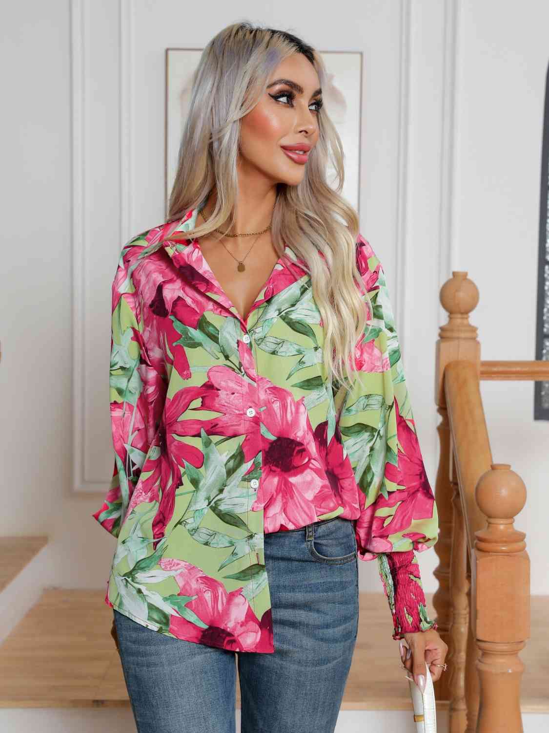 Floral Collared Neck Buttoned Shirt BLUE ZONE PLANET