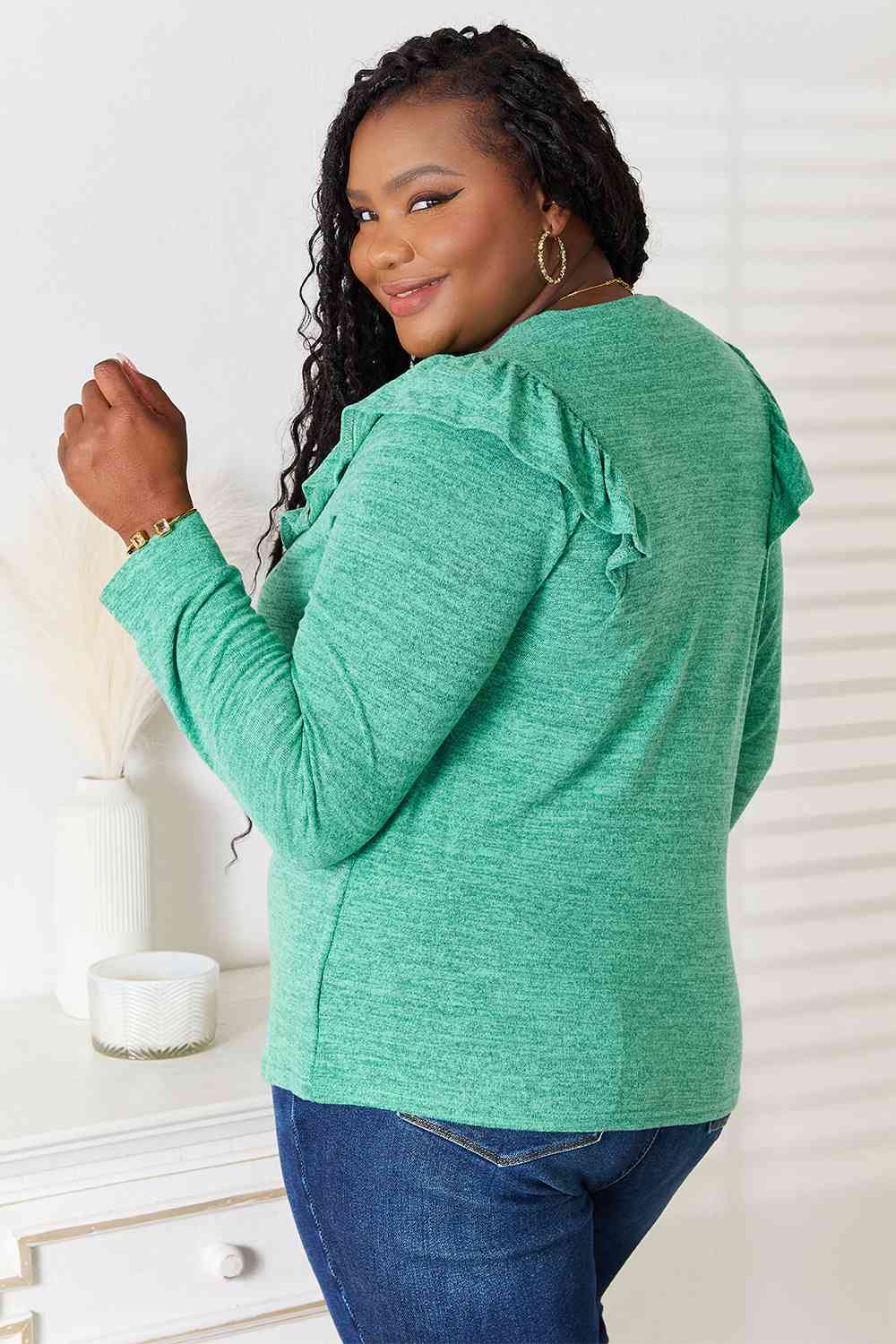 Double Take Ruffle Shoulder Long Sleeve T-Shirt BLUE ZONE PLANET