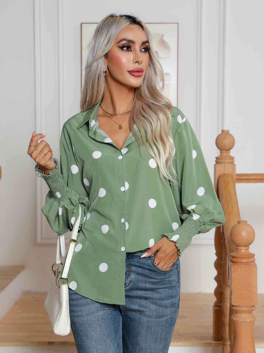 Polka Dot Collared Neck Buttoned Lantern Sleeve Shirt BLUE ZONE PLANET