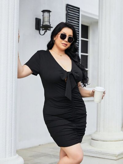 Blue Zone Planet | Plus Size Ruched Tied Short Sleeve Mini Dress BLUE ZONE PLANET