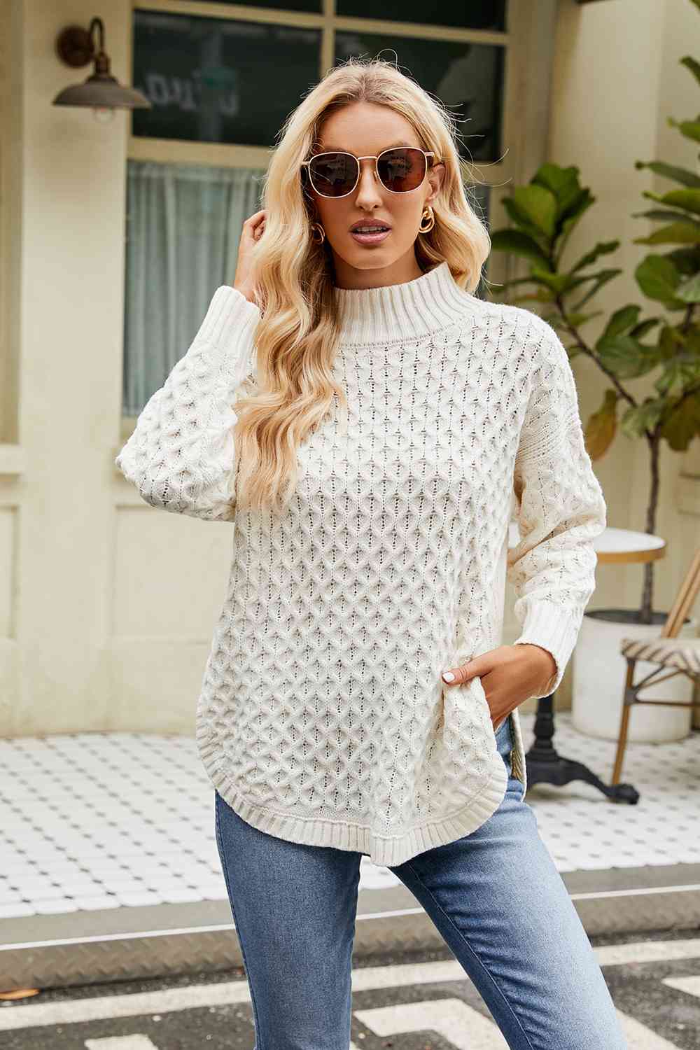 Slit Long Sleeve Mock Neck Sweater BLUE ZONE PLANET