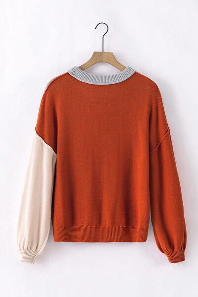 Blue Zone Planet | Contrast Round Neck Dropped Shoulder Sweater BLUE ZONE PLANET