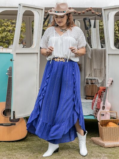 Plus Size Swiss Dot Ruffled Wide Leg Pants BLUE ZONE PLANET
