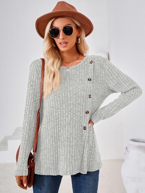 Ribbed Buttoned Round Neck Slit T-Shirt BLUE ZONE PLANET