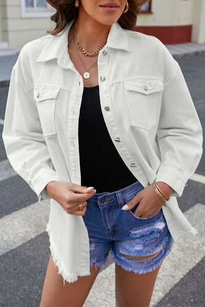 Blue Zone Planet | Button Up Pocketed Raw Hem Denim Jacket BLUE ZONE PLANET