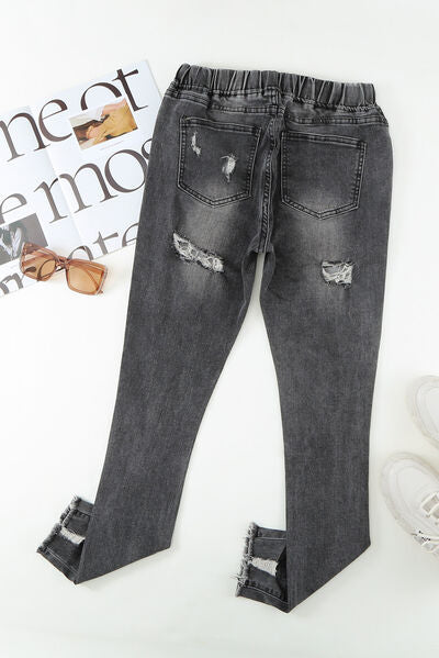 Blue Zone Planet | Drawstring Distressed Raw Hem Jeans with Pockets BLUE ZONE PLANET