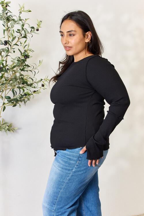 Culture Code Full Size Ribbed Round Neck Long Sleeve Top BLUE ZONE PLANET