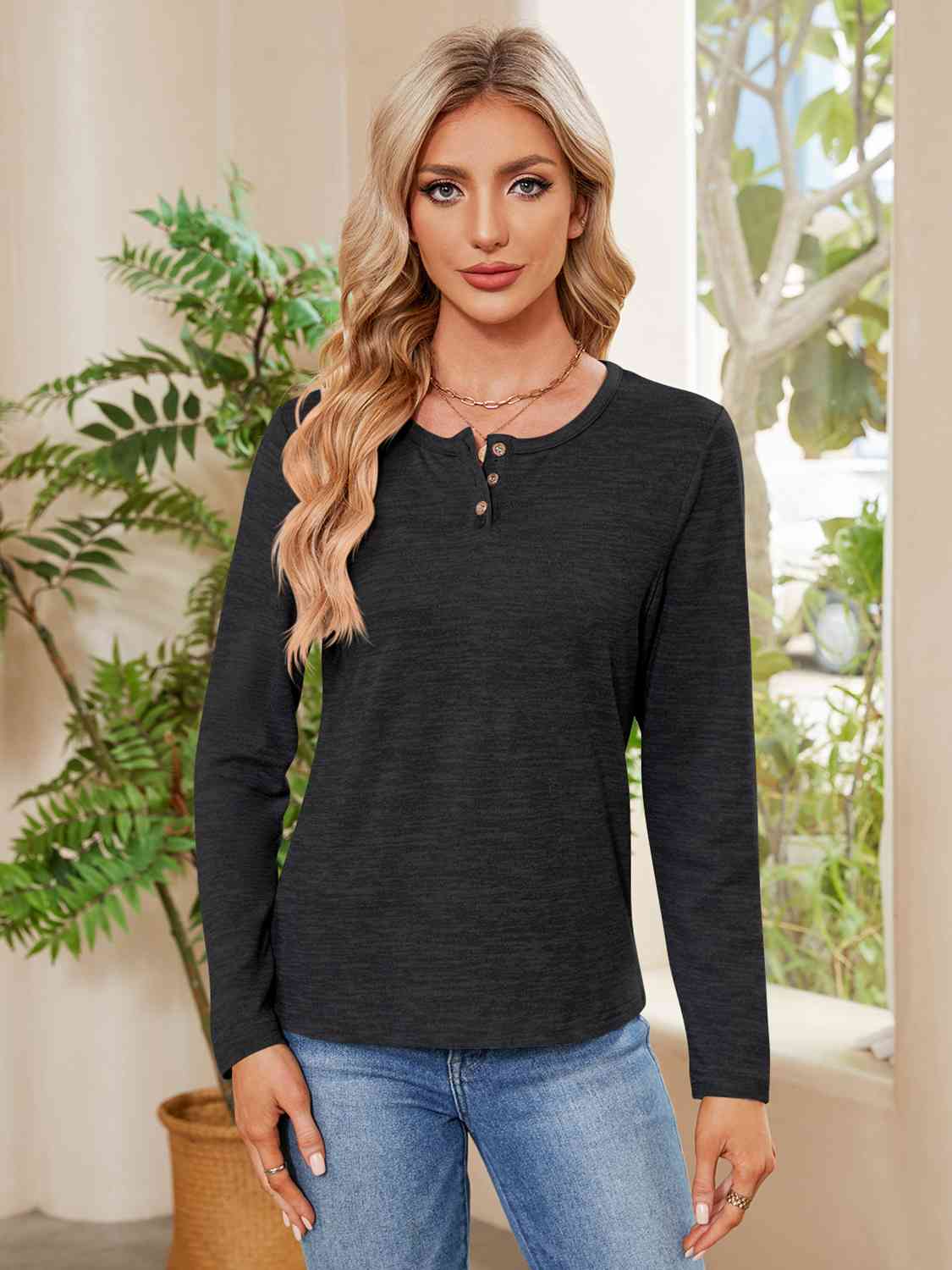 Buttoned Round Neck Long Sleeve T-Shirt BLUE ZONE PLANET