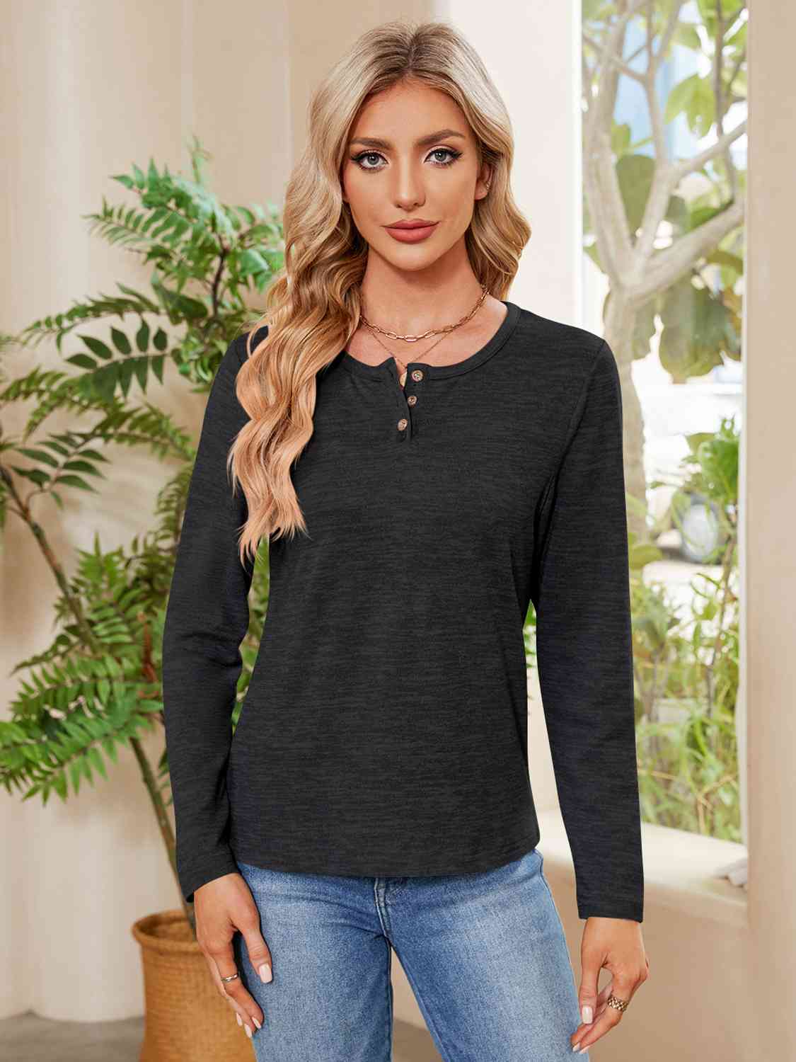 Buttoned Round Neck  Long Sleeve T-Shirt BLUE ZONE PLANET