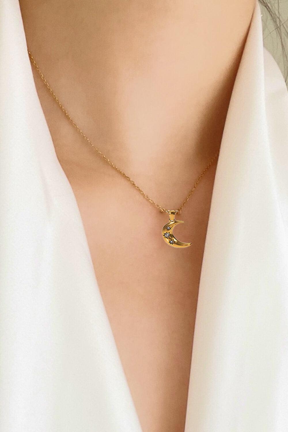 18K Gold Plated Inlaid Zircon Moon Pendant Necklace BLUE ZONE PLANET
