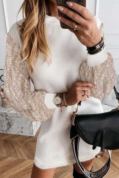 Sequin Long Sleeve Round Neck Mini Dress BLUE ZONE PLANET
