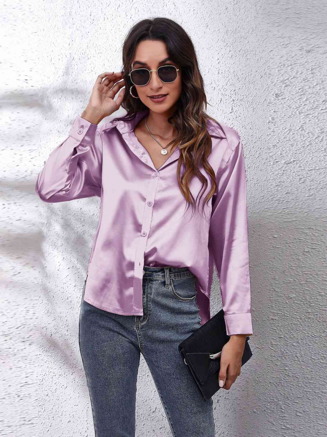 Collared Neck Buttoned Long Sleeve Shirt BLUE ZONE PLANET