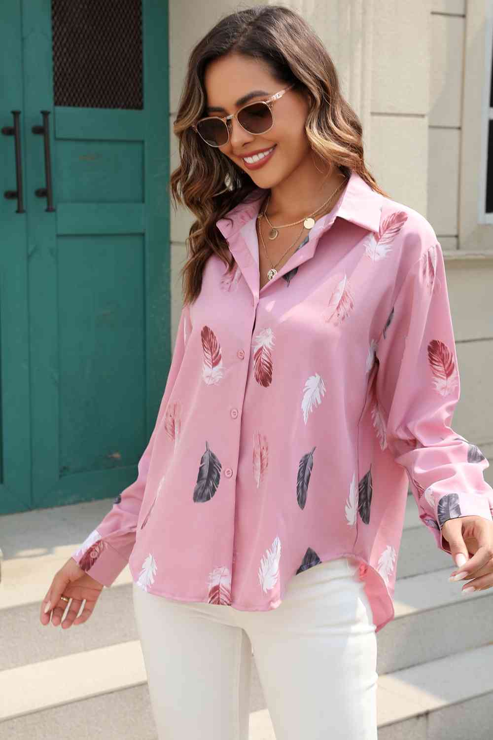 Printed Collared Neck Buttoned Shirt BLUE ZONE PLANET
