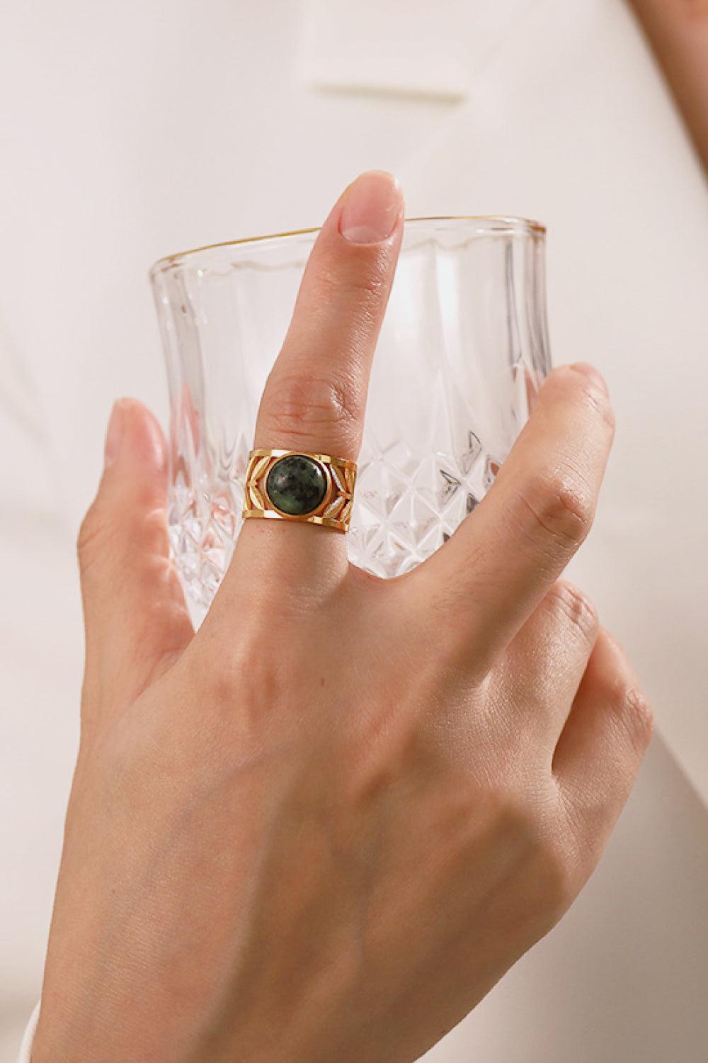 18k Gold Plated Malachite Leaf Ring BLUE ZONE PLANET