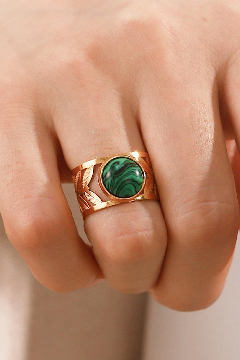 18k Gold Plated Malachite Leaf Ring BLUE ZONE PLANET