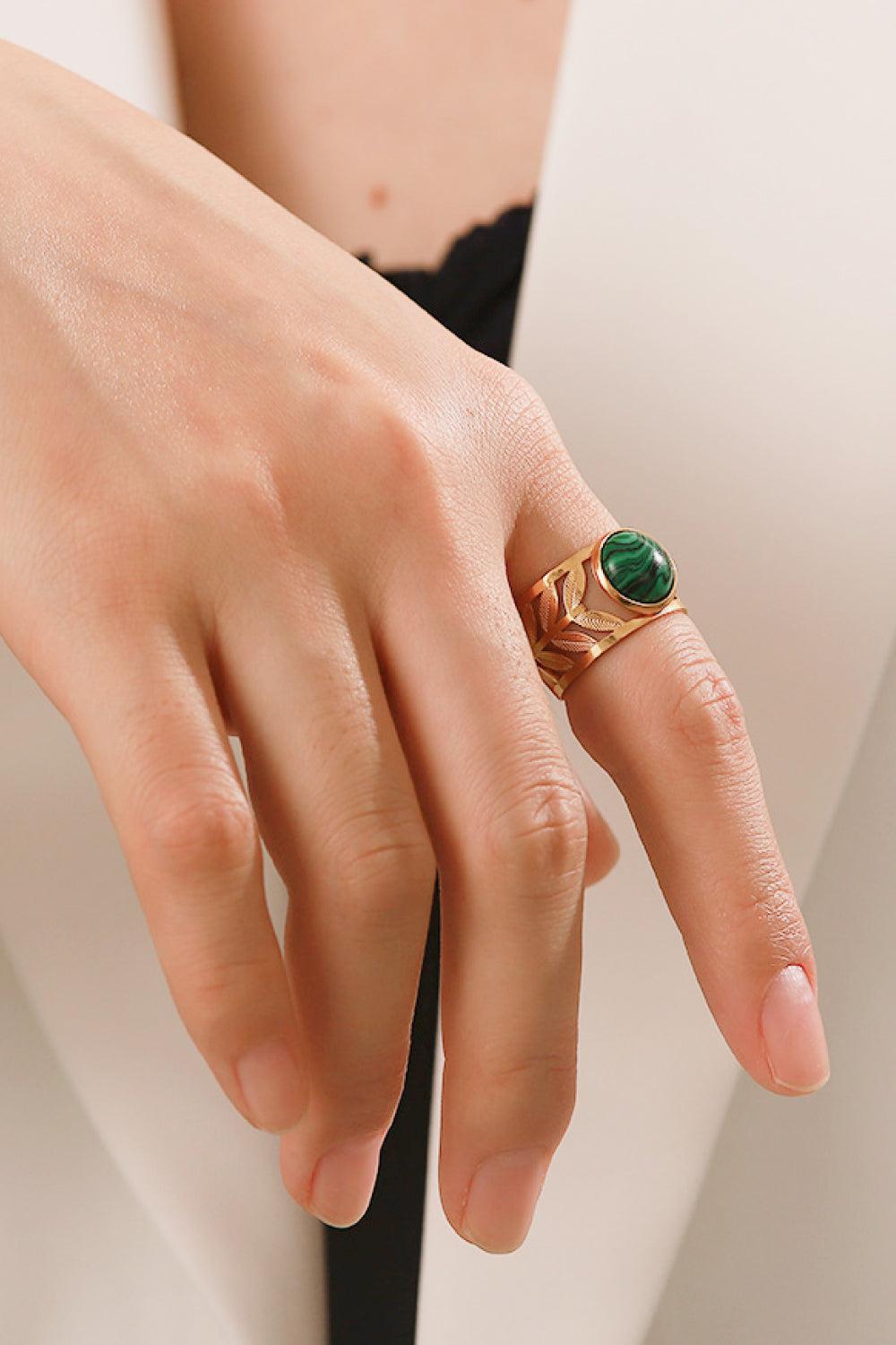 18k Gold Plated Malachite Leaf Ring BLUE ZONE PLANET
