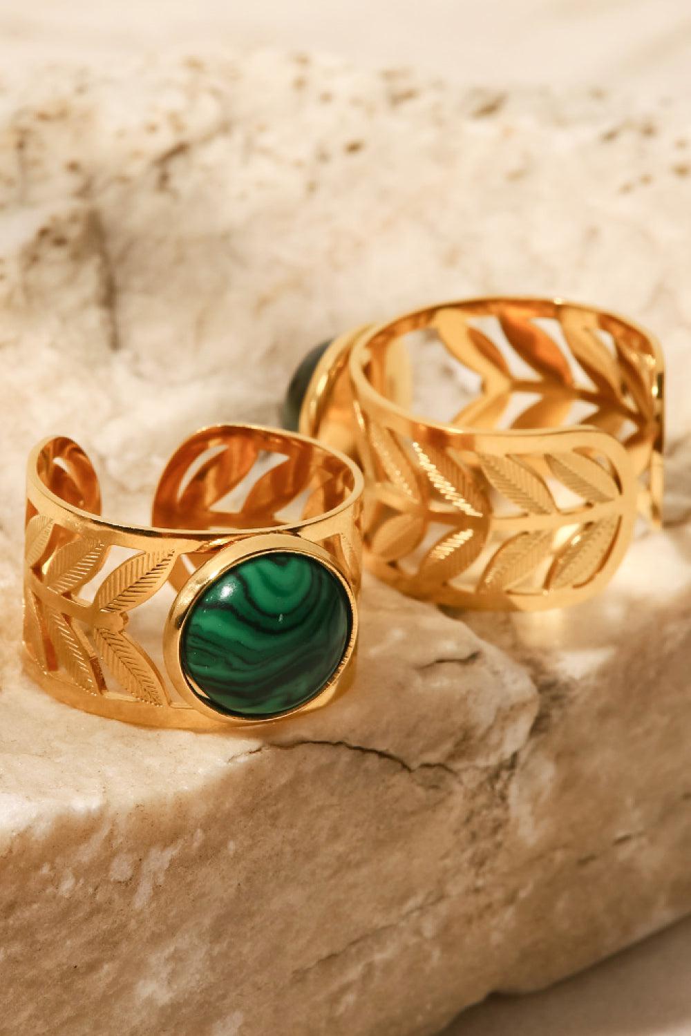18k Gold Plated Malachite Leaf Ring BLUE ZONE PLANET
