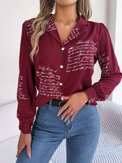 Blue Zone Planet | Letter Printed Button Up Long Sleeve Blouse BLUE ZONE PLANET