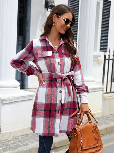 Blue Zone Planet | Plaid Belted Collared Neck Button Up Jacket BLUE ZONE PLANET