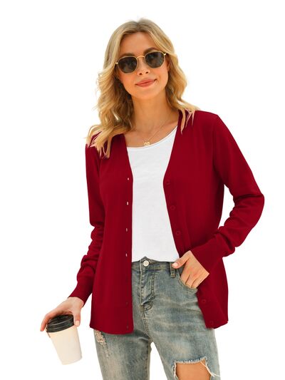 Button Up V-Neck Long Sleeve Cardigan Trendsi