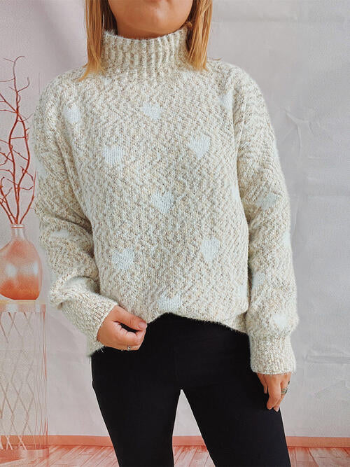 Blue Zone Planet | Heart Heathered Turtleneck Drop Shoulder Sweater BLUE ZONE PLANET