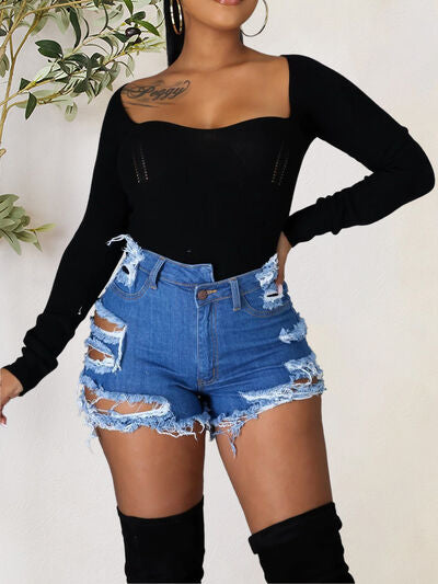 Blue Zone Planet | Distressed Raw Hem Denim Shorts with Pockets BLUE ZONE PLANET