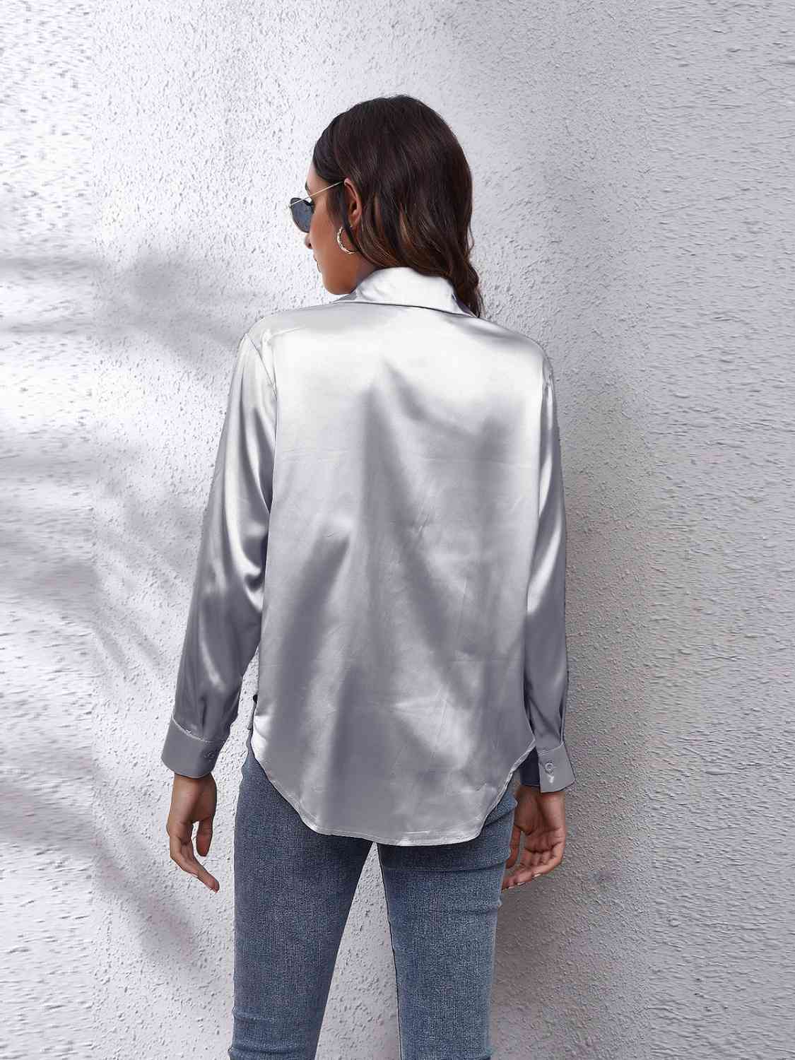 Collared Neck Buttoned Long Sleeve Shirt BLUE ZONE PLANET