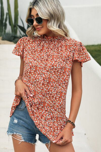 Blue Zone Planet | Ditsy Floral Mock Neck Short Sleeve T-Shirt BLUE ZONE PLANET