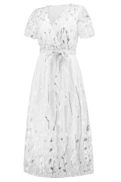 Blue Zone Planet |  Sequin Leaf Embroidery Tie Front Short Sleeve Dress BLUE ZONE PLANET